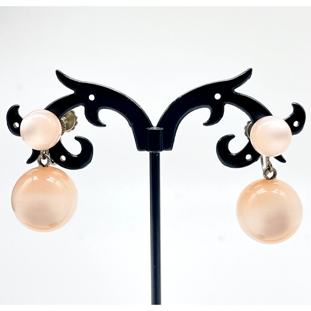 Vintage Pink Opalescent Bead Screw Back Dangle Earrings Silver Tone Retro Bridal